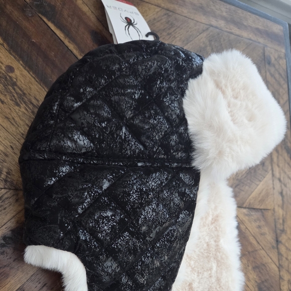 Spyder Women's Quilted Black and White Faux Fur Trapper Style Winter Hat - Picture 3 of 11